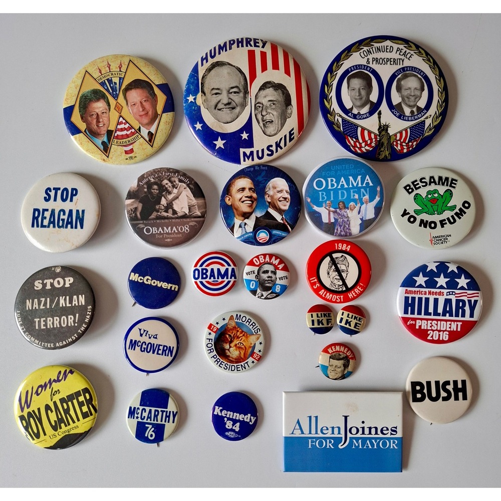 24 Political Campaign Pinback Button Lot Humphrey Muskie McGovern Kennedy Obama